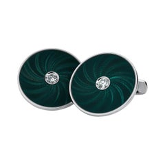 Victor Mayer Cufflinks Round 18k White Gold 2 Diamonds Emerald Green Enamel