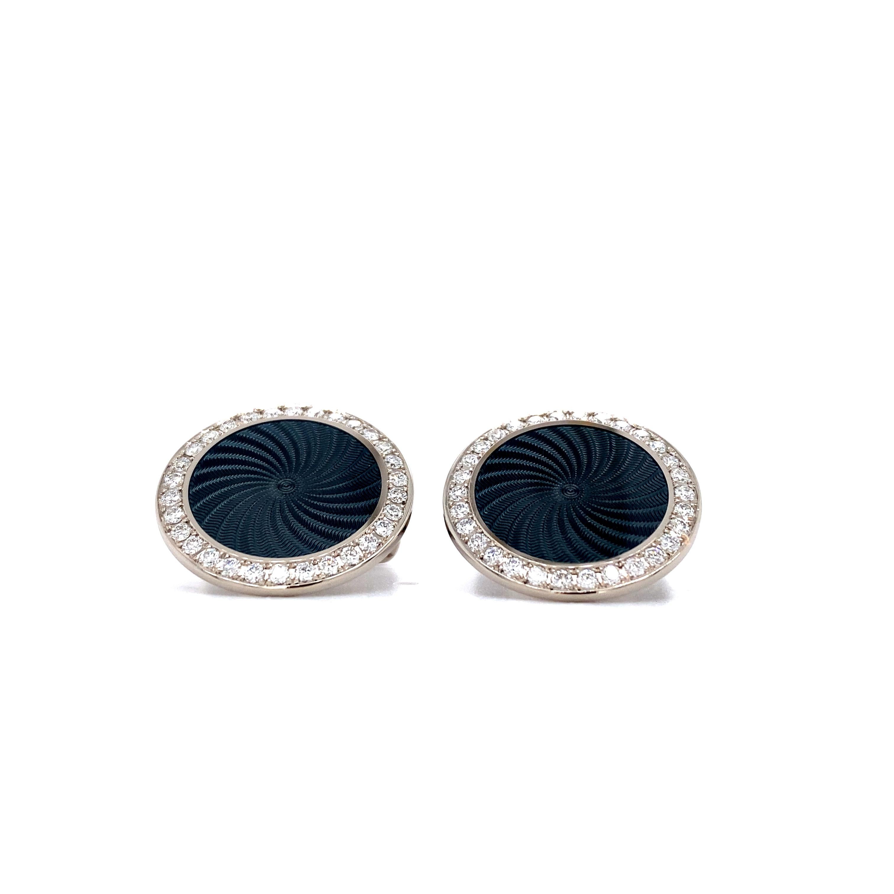 Contemporary Victor Mayer Round Cufflinks in 18k White Gold with Diamonds & Grey Enamel For Sale