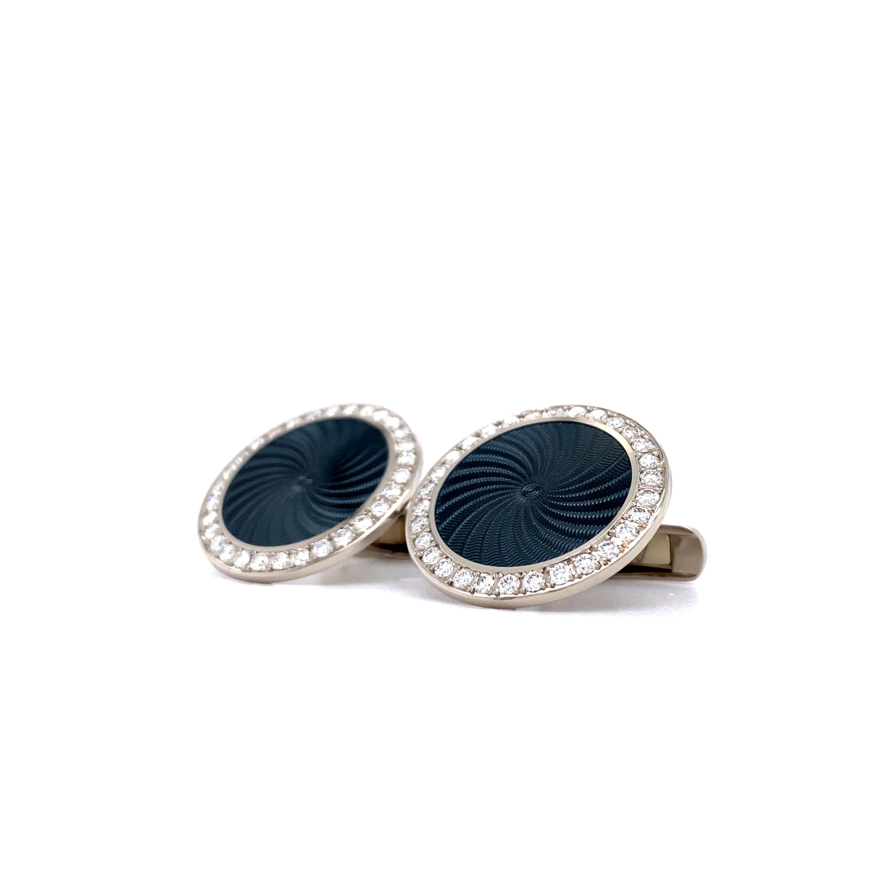 Victor Mayer Round Cufflinks in 18k White Gold with Diamonds & Grey Enamel For Sale 1