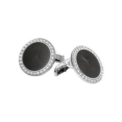 Victor Mayer Round Cufflinks in 18k White Gold with Diamonds & Grey Enamel