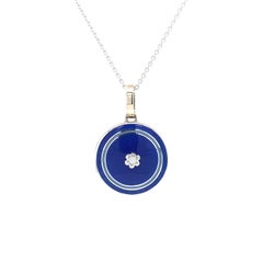 Round Pendant Locket 18k White Gold Blue Vitreous Enamel 1 Diamond 0.03 ct H VS