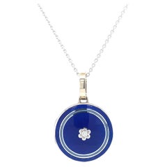 Round Pendant Locket 18k White Gold Blue Vitreous Enamel 1 Diamond 0.03 ct H VS