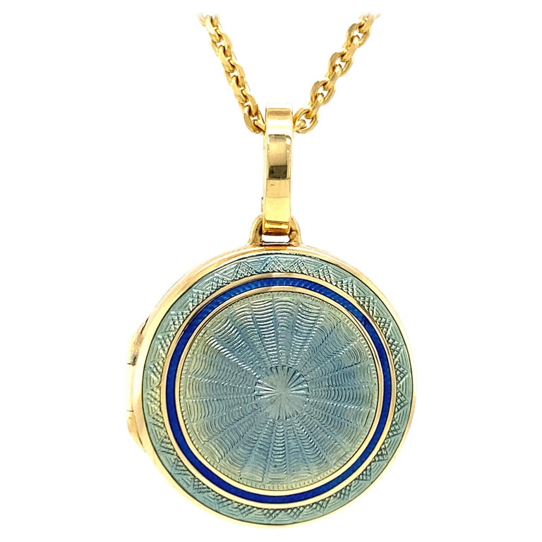 Round Pendant Locket 18k Yellow Gold Blue Guilloche Enamel Diameter