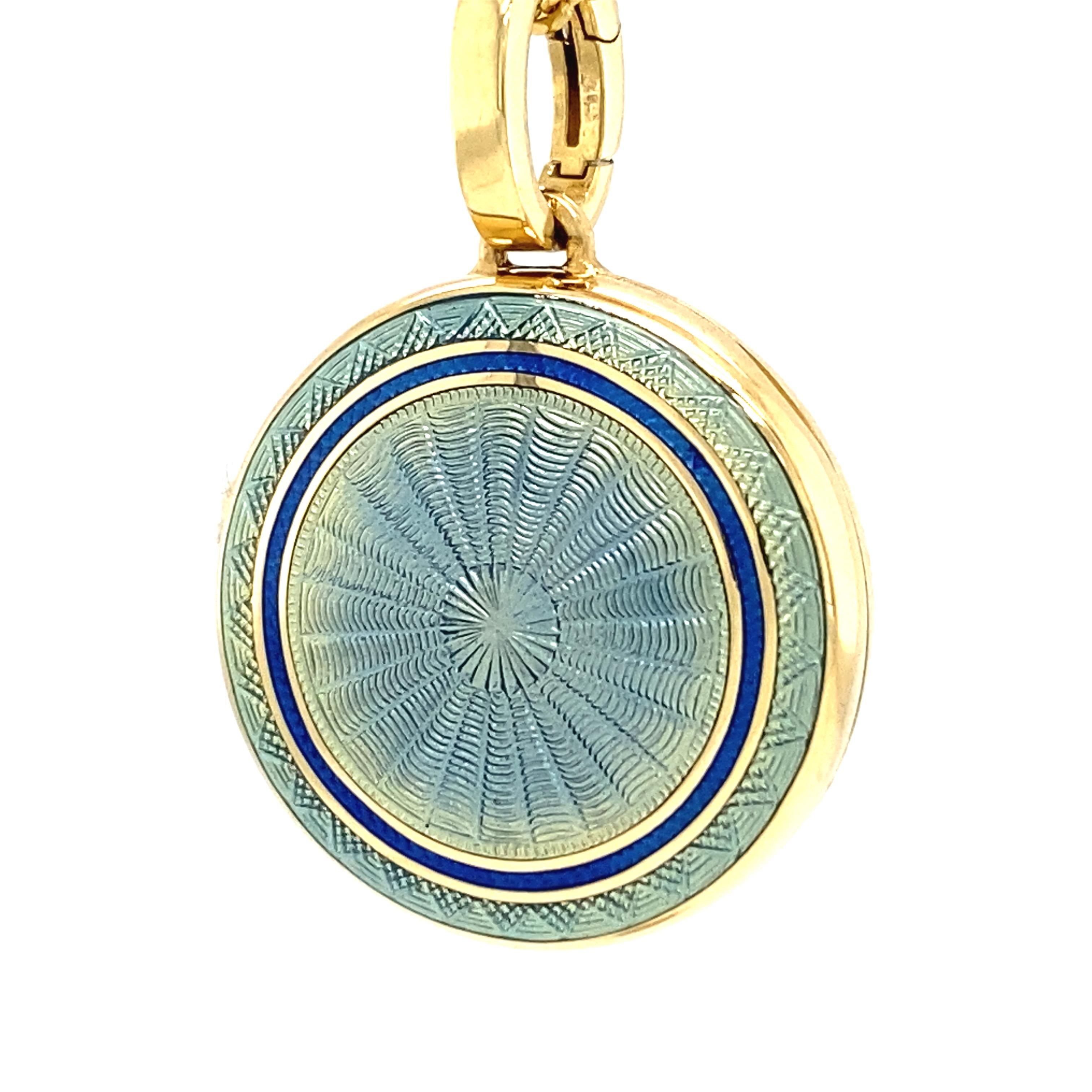 Rundes Medaillon mit Anhnger - 18k Gelbgold - Blauer Guilloche-Emaille-Diamant 21.0 mm (Viktorianisch) im Angebot