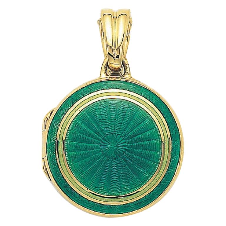 Round Customizable Pendant Locket 18k Yellow Gold Green Enamel Diameter 21.0 mm