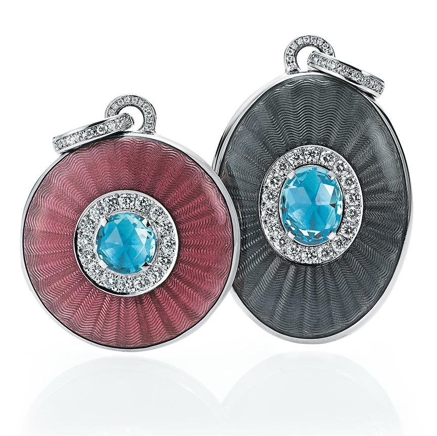 Victor Mayer customizable round locket pendant necklace 18k white gold, Opera Collection, translucent pink vitreous enamel, guilloche, 37 diamonds, total 0.37 ct, G VS, brilliant cut, 1 aquamarine, diameter app. 26.0 mm

About the creator Victor