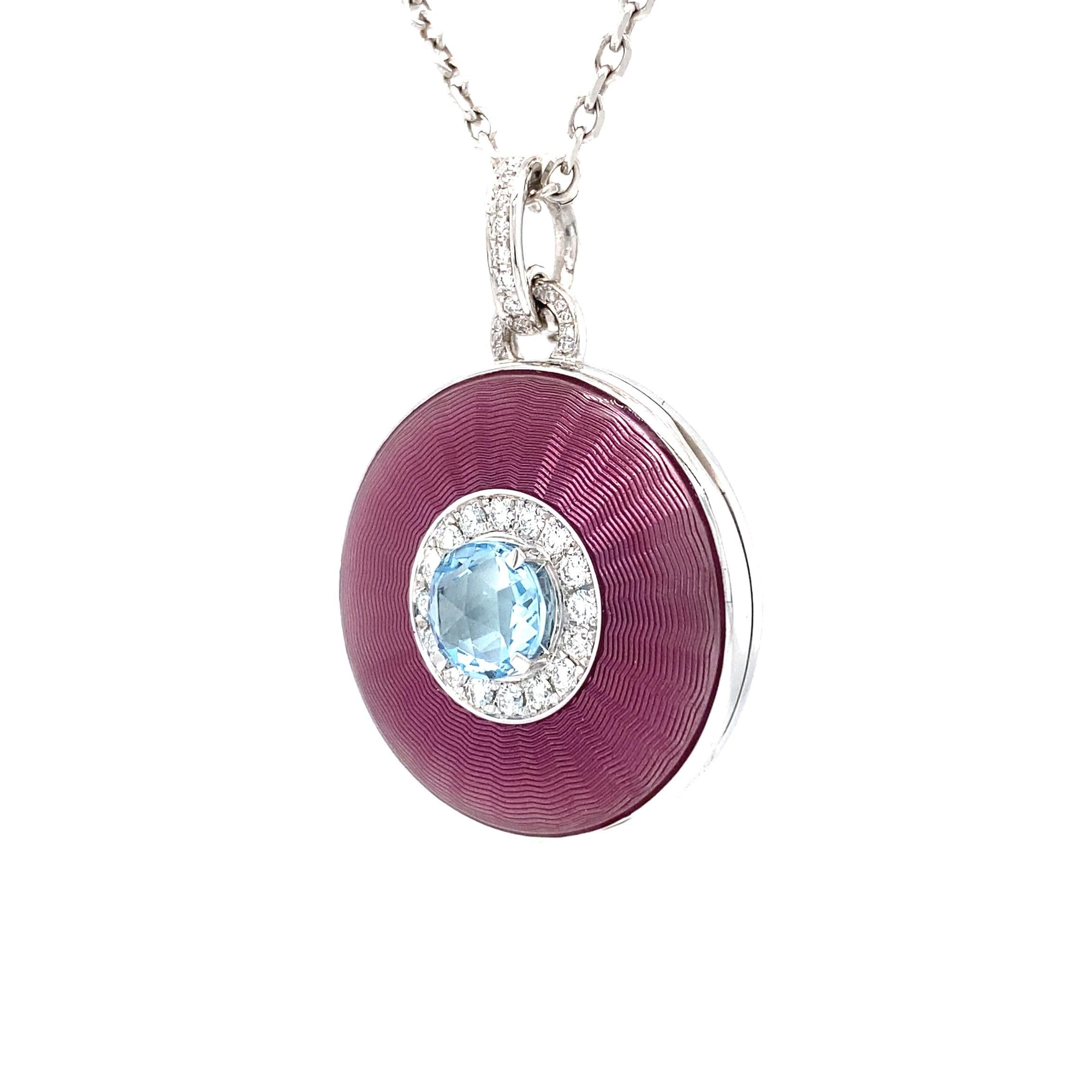 Victorian Round Locket Pendant Necklace 18k White Gold Pink Enamel 37 Diamonds Aquamarine For Sale