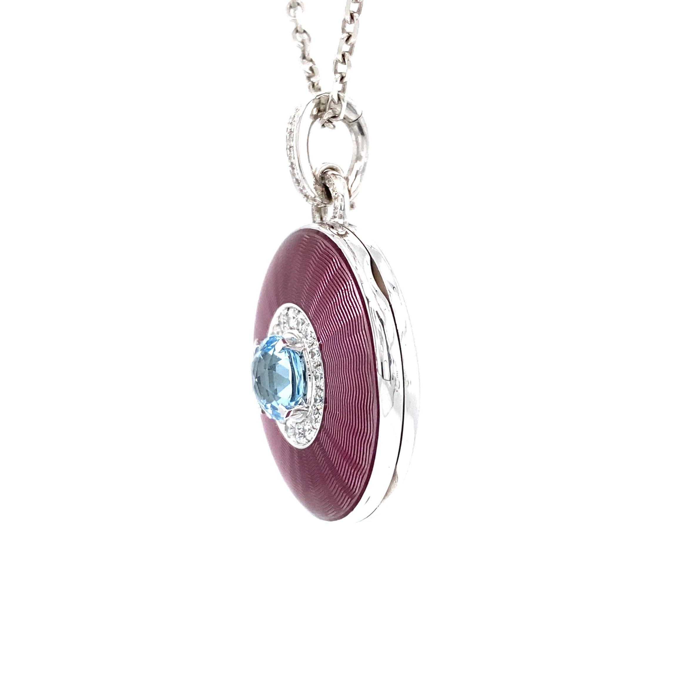 Brilliant Cut Round Locket Pendant Necklace 18k White Gold Pink Enamel 37 Diamonds Aquamarine For Sale