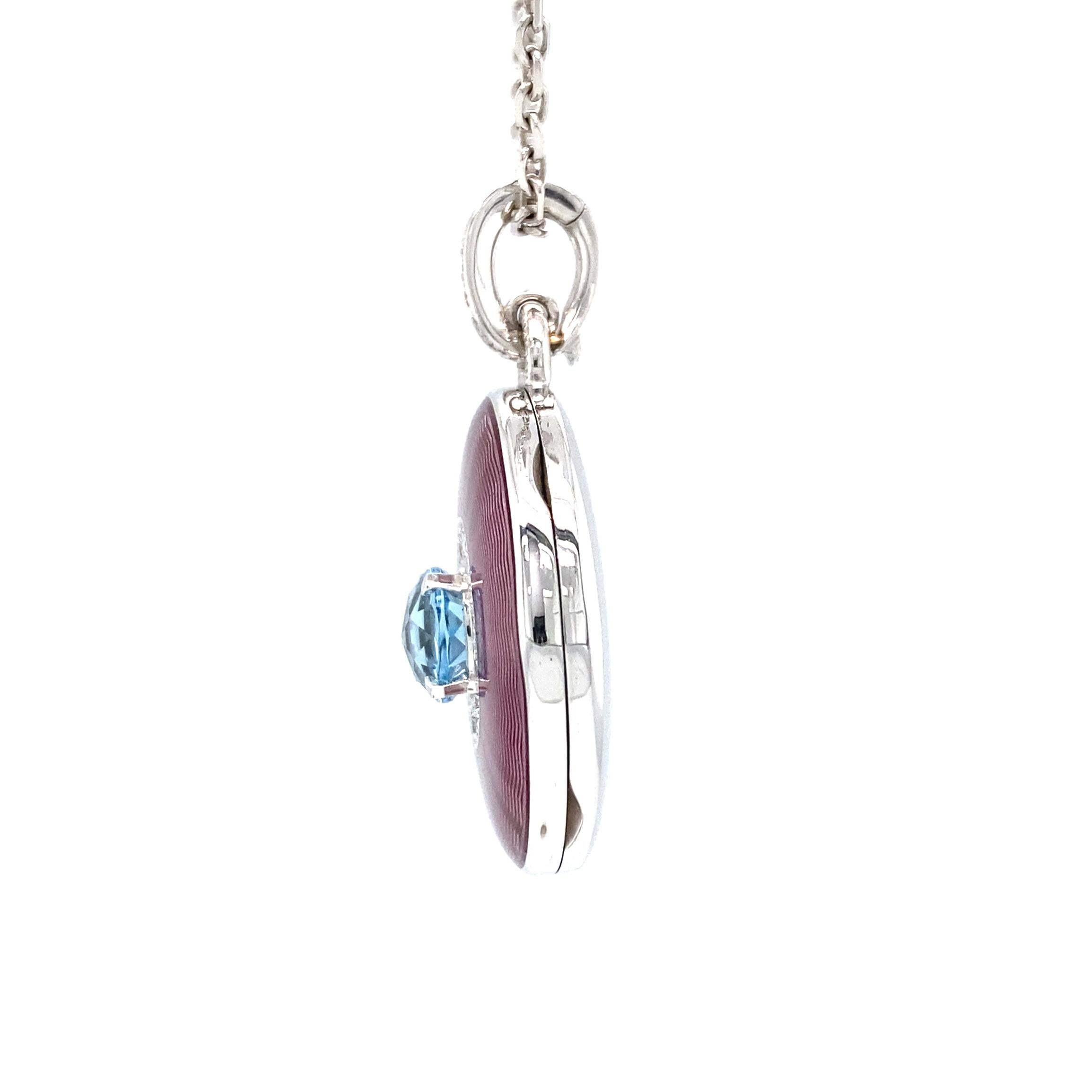 Round Locket Pendant Necklace 18k White Gold Pink Enamel 37 Diamonds Aquamarine For Sale 3