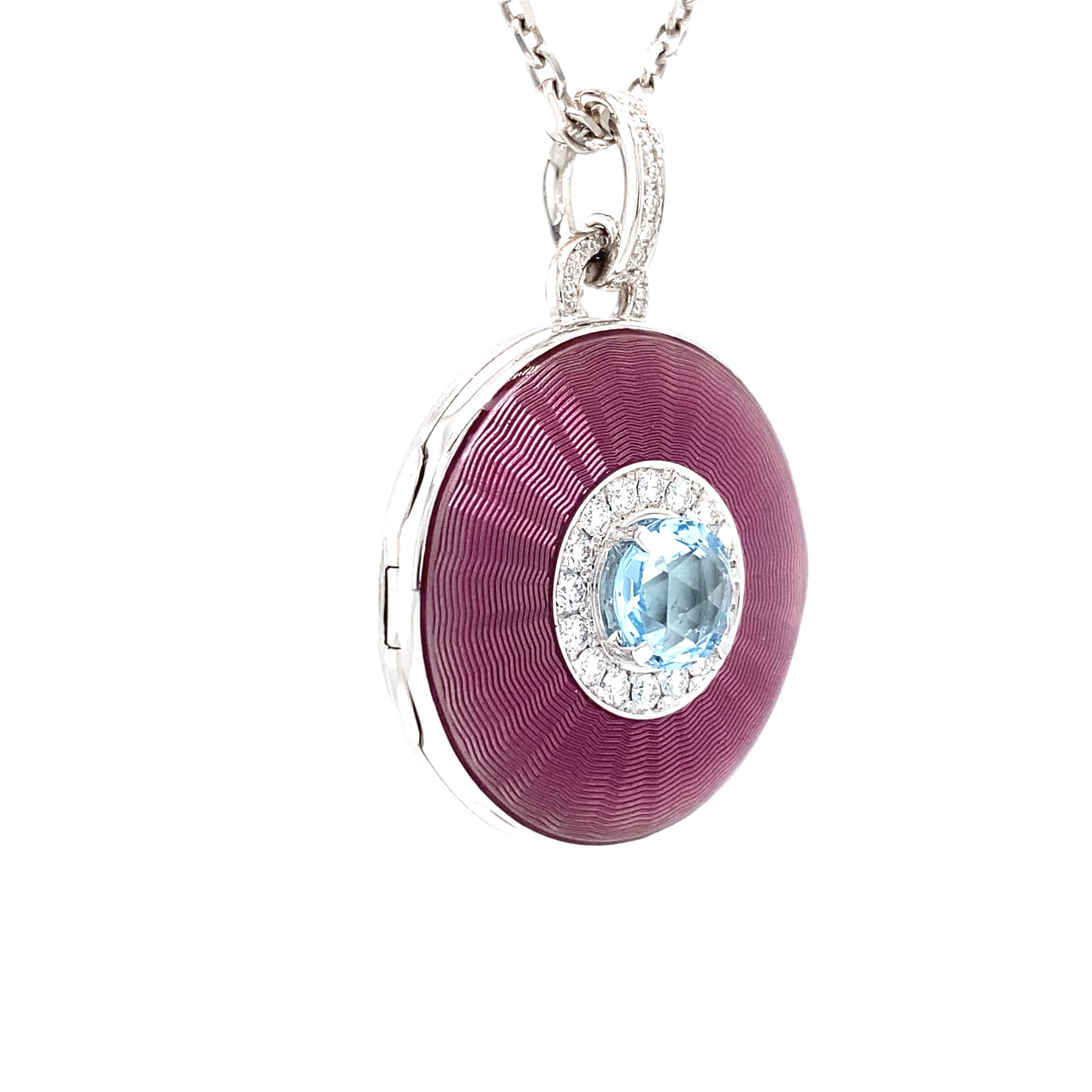 Round Locket Pendant Necklace 18k White Gold Pink Enamel 37 Diamonds Aquamarine For Sale 4