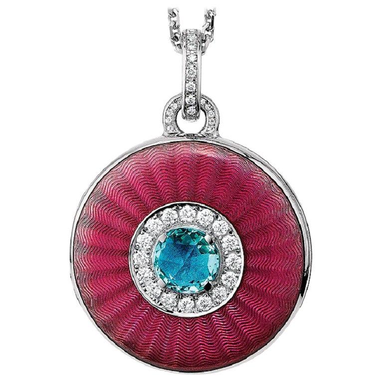 Round Locket Pendant Necklace 18k White Gold Pink Enamel 37 Diamonds Aquamarine For Sale