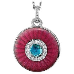 Round Locket Pendant Necklace 18k White Gold Pink Enamel 37 Diamonds Aquamarine