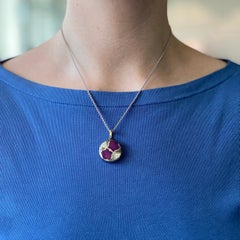 Round Locket Pendant 18k White Gold Purple Vitreous Enamel 12 Diamonds 0.19 ct