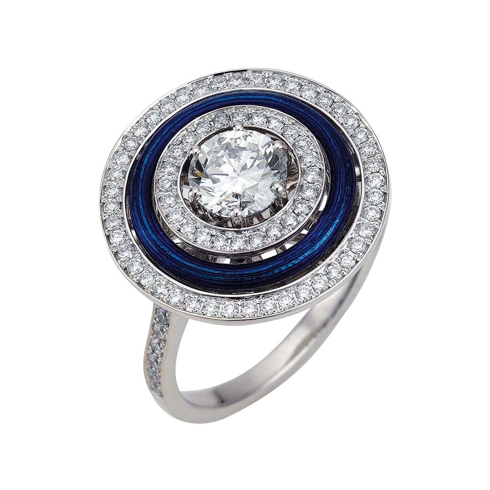 Victor Mayer Soirée Blue Enamel Ring 18k White Gold/Yellow Gold with Diamonds For Sale