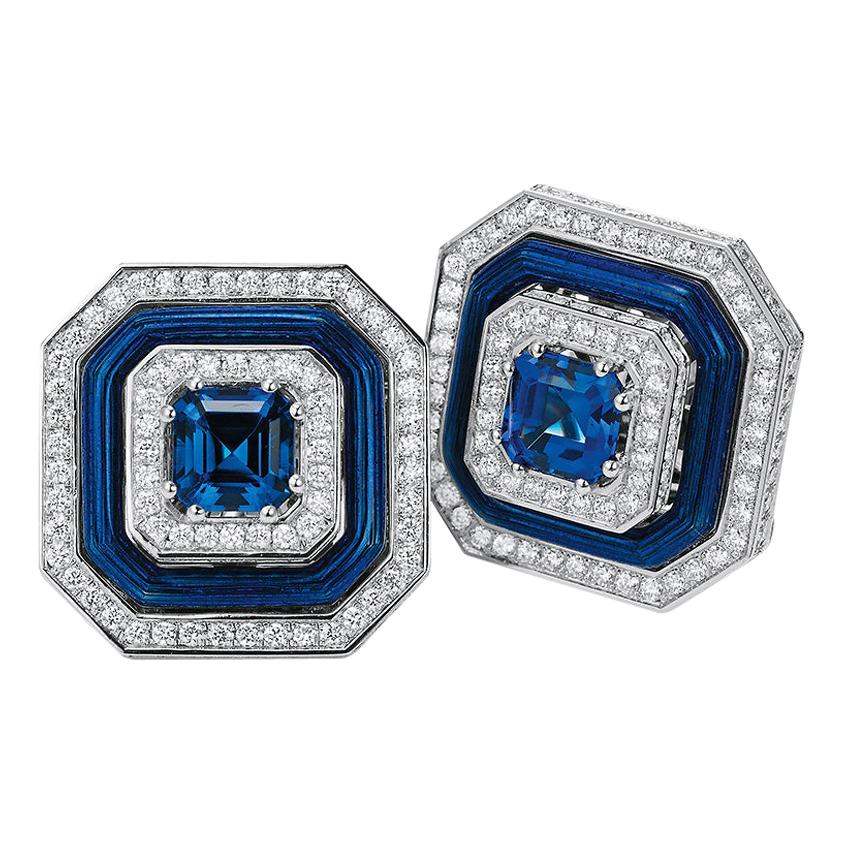 Octogon Stud Earrings 18k White Gold Blue Enamel 292 Diamonds 2 Tanzanites
