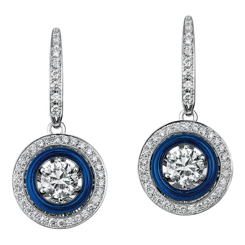 Round Dangle Earrings - 18k White Gold - Electric Blue Enamel 80 Diamond 1.53 ct For Sale