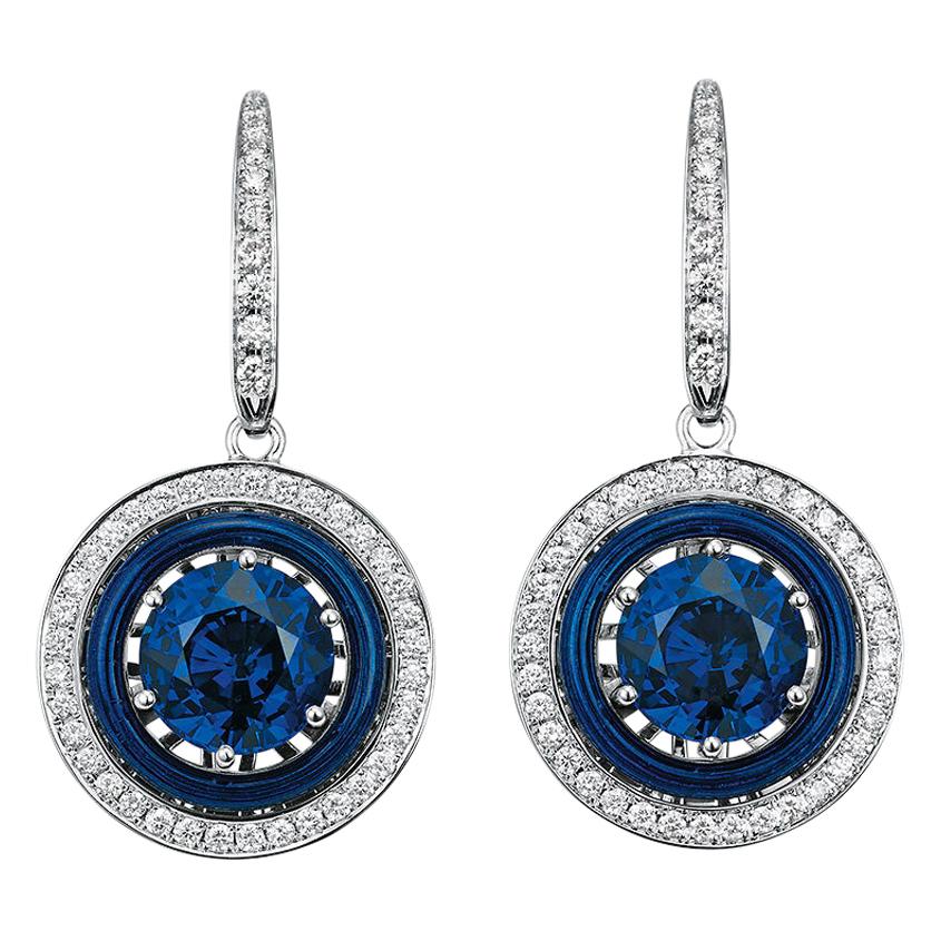 Round Dangle Earrings 18k White Gold Blue Enamel 90 Diamonds 0.58 ct 2 Tanzanite For Sale