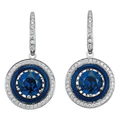 Boucles d'oreilles pendantes rondes or blanc 18k émail bleu 90 diamants 0.58 ct 2 Tanzanite