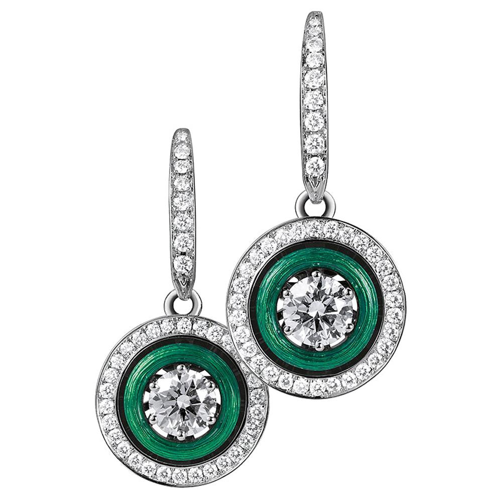 Round Dangle Earrings - 18k White Gold - Emerald Green Enamel 80 Diamond 1.53 ct