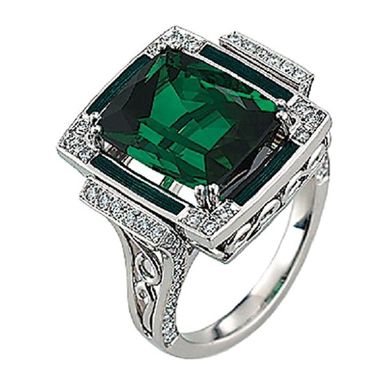 Victor Mayer Soirée Emerald Green Enamel Ring 18k White Gold with 68 Diamonds For Sale