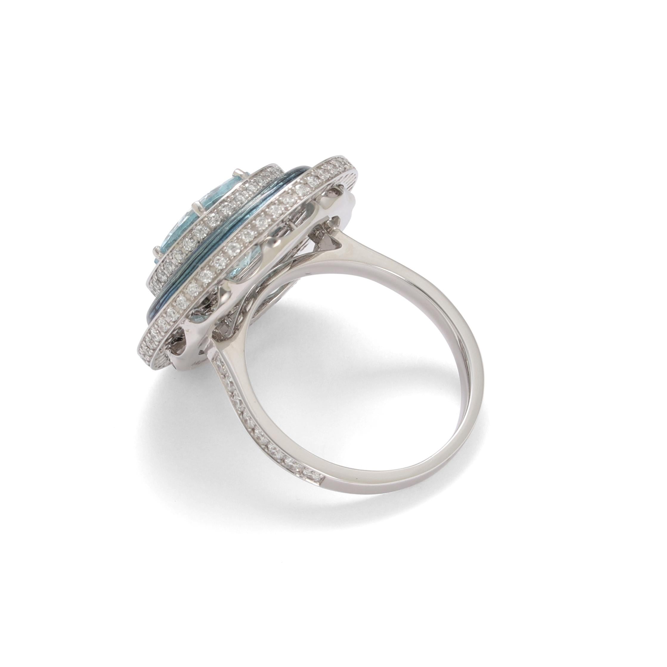 Contemporary Victor Mayer Ring Soirée Medium Blue Enamel 18k White/Yellow Gold 174 Diamonds For Sale