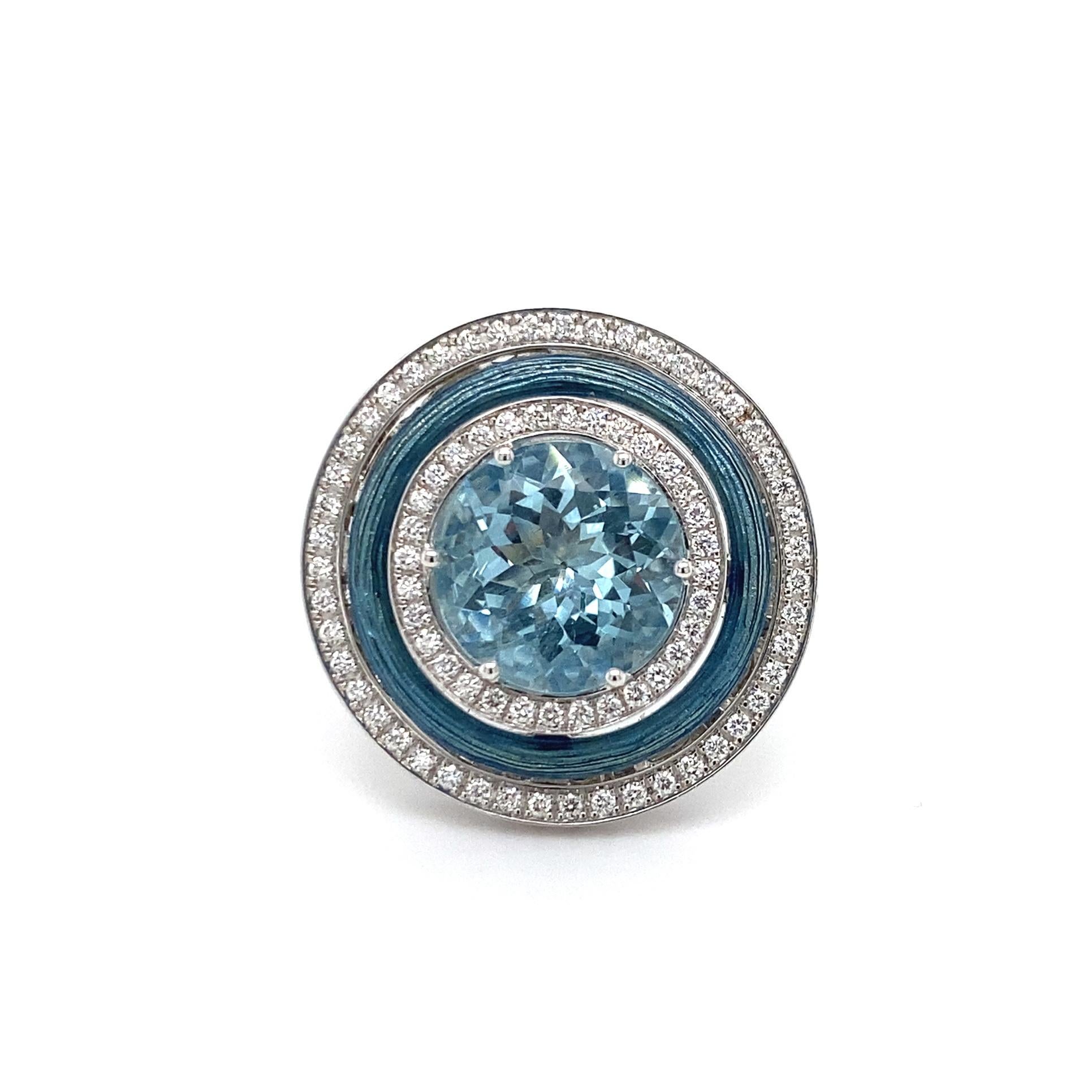 Brilliant Cut Victor Mayer Ring Soirée Medium Blue Enamel 18k White/Yellow Gold 174 Diamonds For Sale