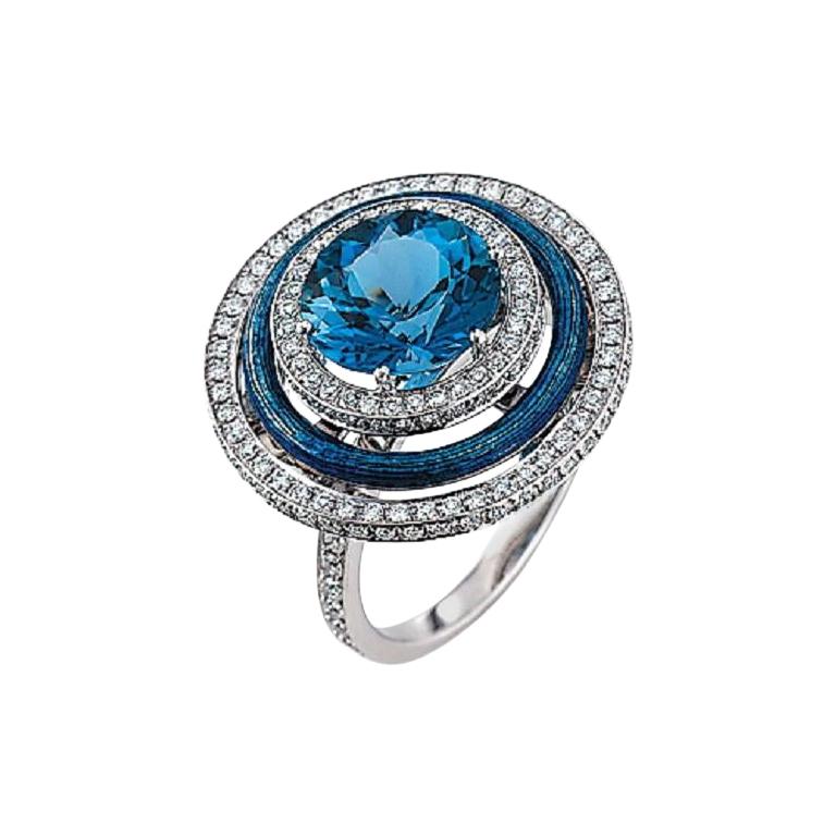 Victor Mayer Ring Soirée Medium Blue Enamel 18k White/Yellow Gold 174 Diamonds