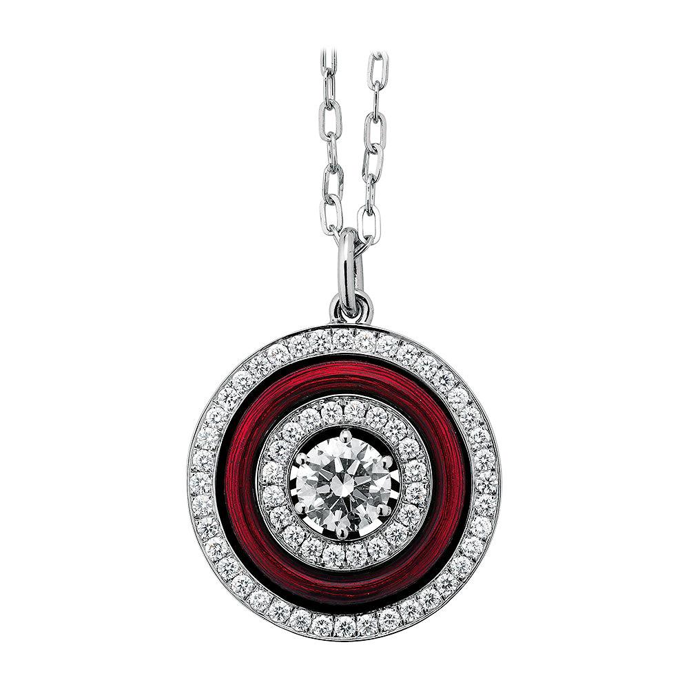 Pendentif rond en or blanc et jaune 18 carats, émail rouge vitreous 69 diamants 1,27 carat G VS