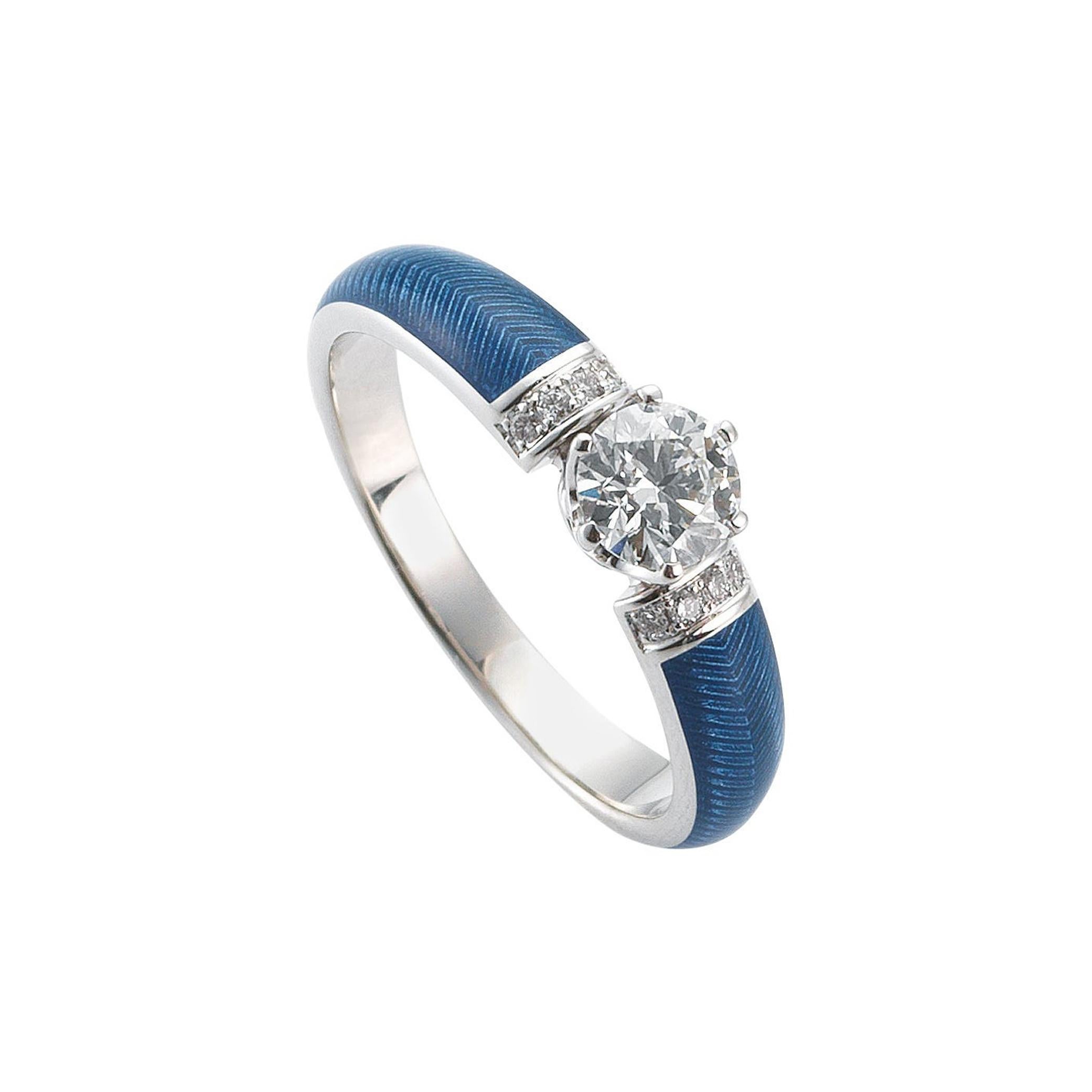 Im Angebot: 0,5 Karat Diamant Solitär Emaille-Ring Blauer Vitreous 18k Weißgold 9 Diamanten ()