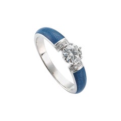 0.5 Ct Diamond Solitaire Enamel Ring Blue Vitreous 18k White Gold 9 Diamonds