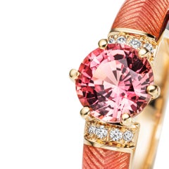 Solitär Rosa Turmalin Ring 18k Gelbgold Rosa Emaille 8 Diamanten