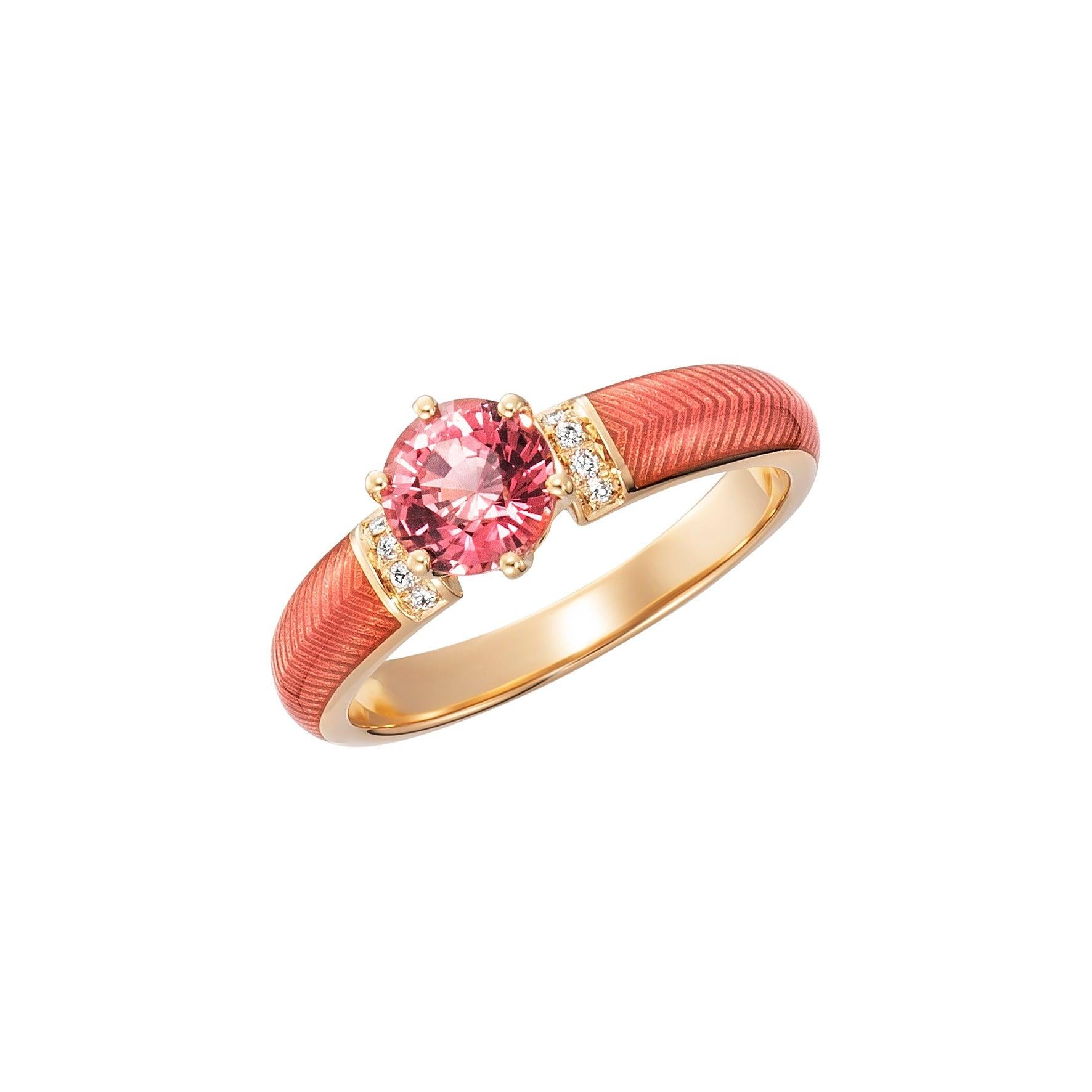 For Sale:  Solitaire Pink Tourmaline Ring 18k Yellow Gold Pink Enamel 8 Diamonds  4