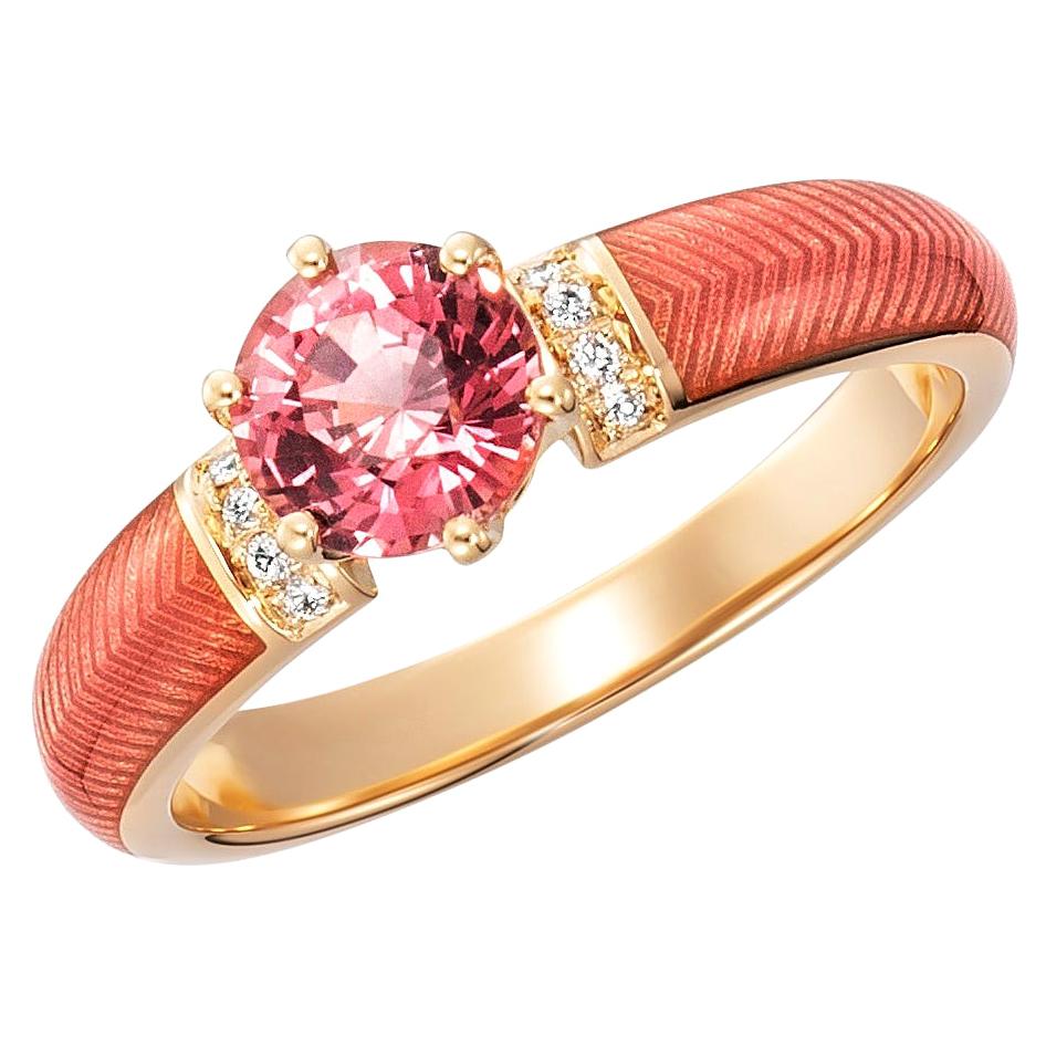 Solitaire Pink Tourmaline Ring 18k Yellow Gold Pink Enamel 8 Diamonds 