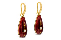 Victor Mayer Sunburst Red Enamel Diamond Gold Dangle Earrings