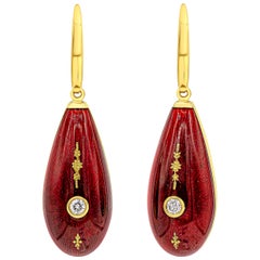 Victor Mayer Sunburst Red Enamel Diamond Gold Dangle Earrings