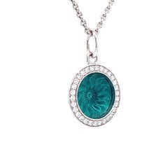 Round Pendant 18k White Gold Turquoise Enamel Guilloche 30 Diamonds 0.15 ct G VS