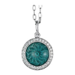 Round Pendant 18k White Gold Turquoise Enamel Guilloche 30 Diamonds 0.15 ct G VS