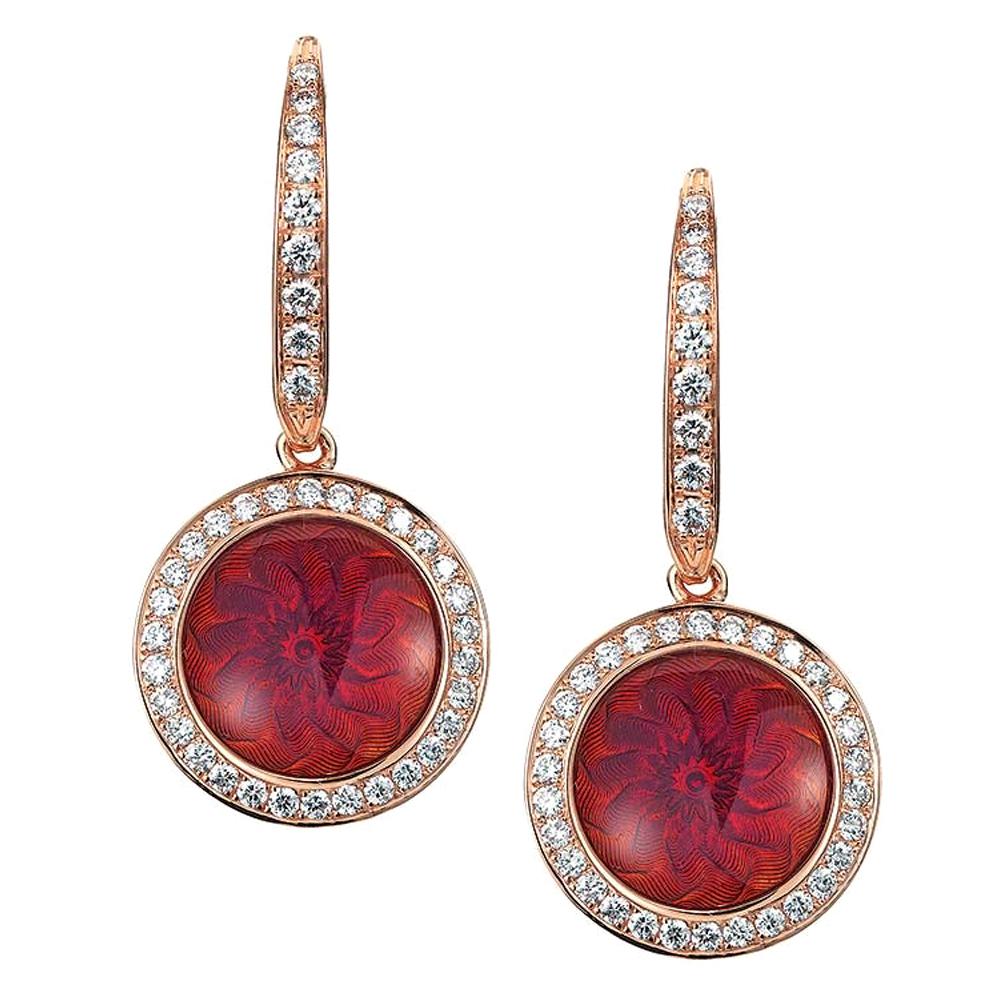 Round Dangle Earrings 18k White/Rose Gold Pink Guilloche 78 Diamonds 0.45ct G VS For Sale