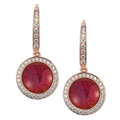 Round Dangle Earrings 18k White/Rose Gold Pink Guilloche 78 Diamonds 0.45ct G VS