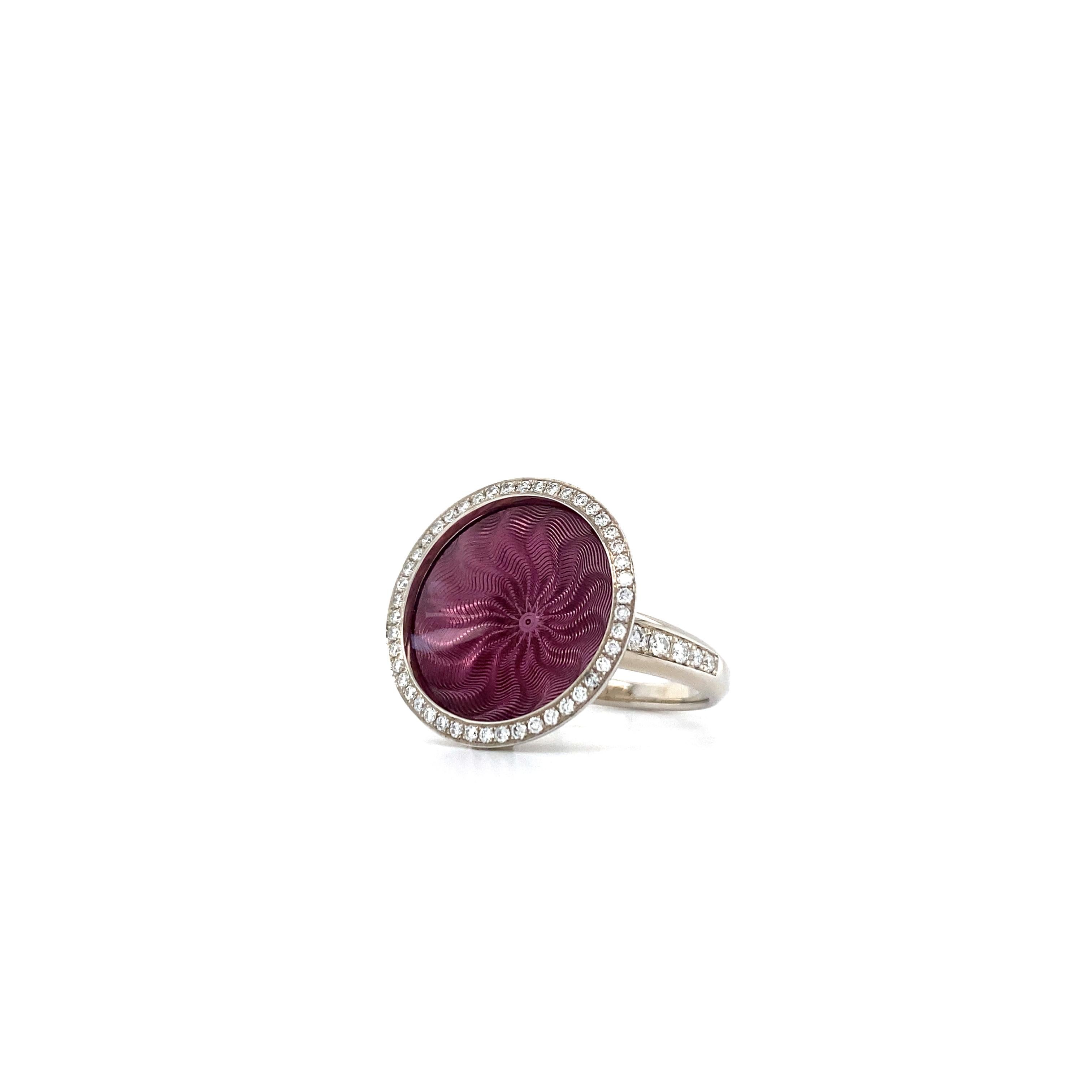 Round Pink Guilloche Enamel Ring in 18k White Gold with 57 Diamonds For Sale 4