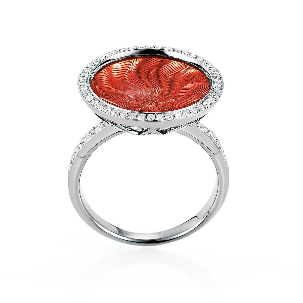 Art Deco Round Pink Guilloche Enamel Ring in 18k White Gold with 57 Diamonds For Sale