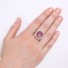 Round Pink Guilloche Enamel Ring in 18k White Gold with 57 Diamonds