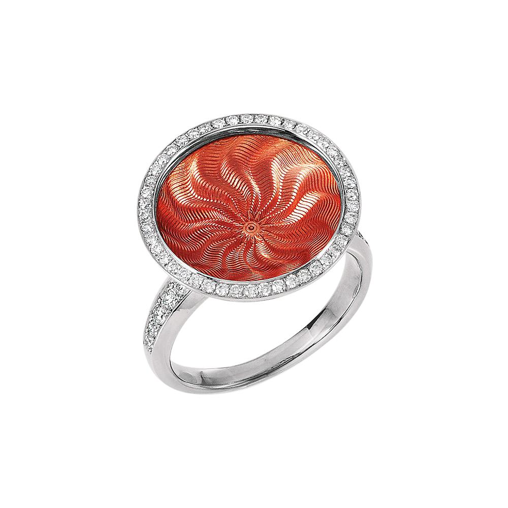 Round Pink Guilloche Enamel Ring in 18k White Gold with 57 Diamonds For Sale