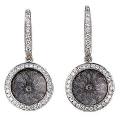 Round Drop Earrings - 18k White Gold - Silver Fondant Enamel 78 Diamonds 0.45 ct