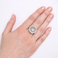 Round Silver Grey Guilloche Enamel Ring 18k White Gold 57 Diamonds