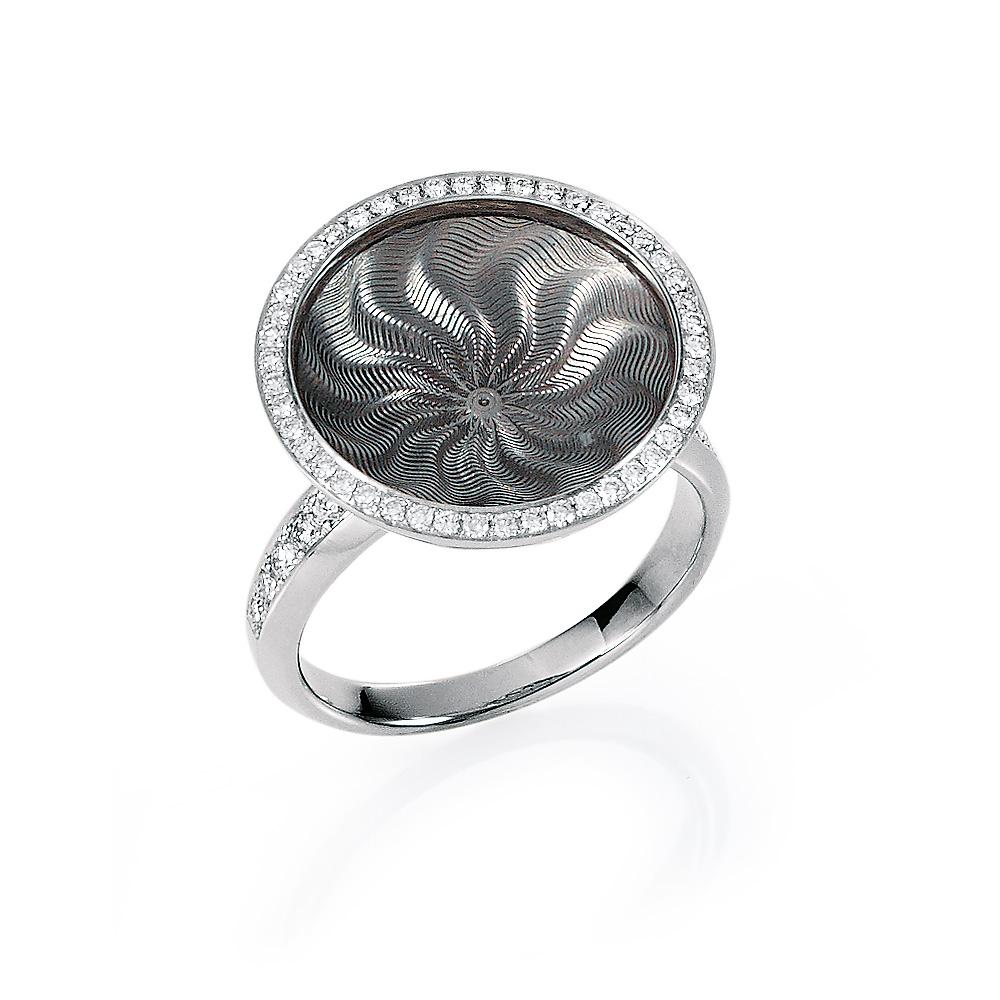 Contemporary Round Silver Grey Guilloche Enamel Ring 18k White Gold 57 Diamonds For Sale