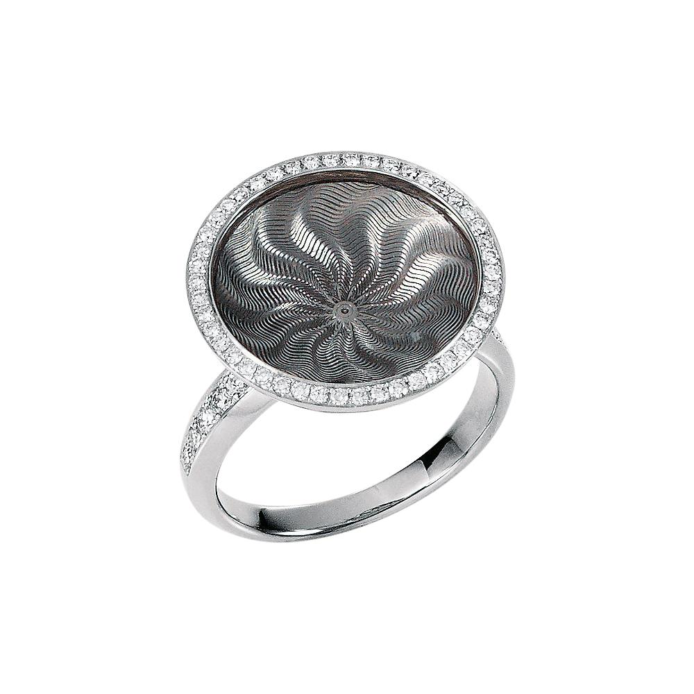 Round Silver Grey Guilloche Enamel Ring 18k White Gold 57 Diamonds For Sale