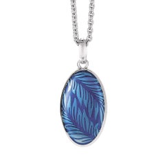 Oval Locket Pendant 18k White Gold Blue Vitreous Enamel 3 Diamonds 0.04 ct G VS