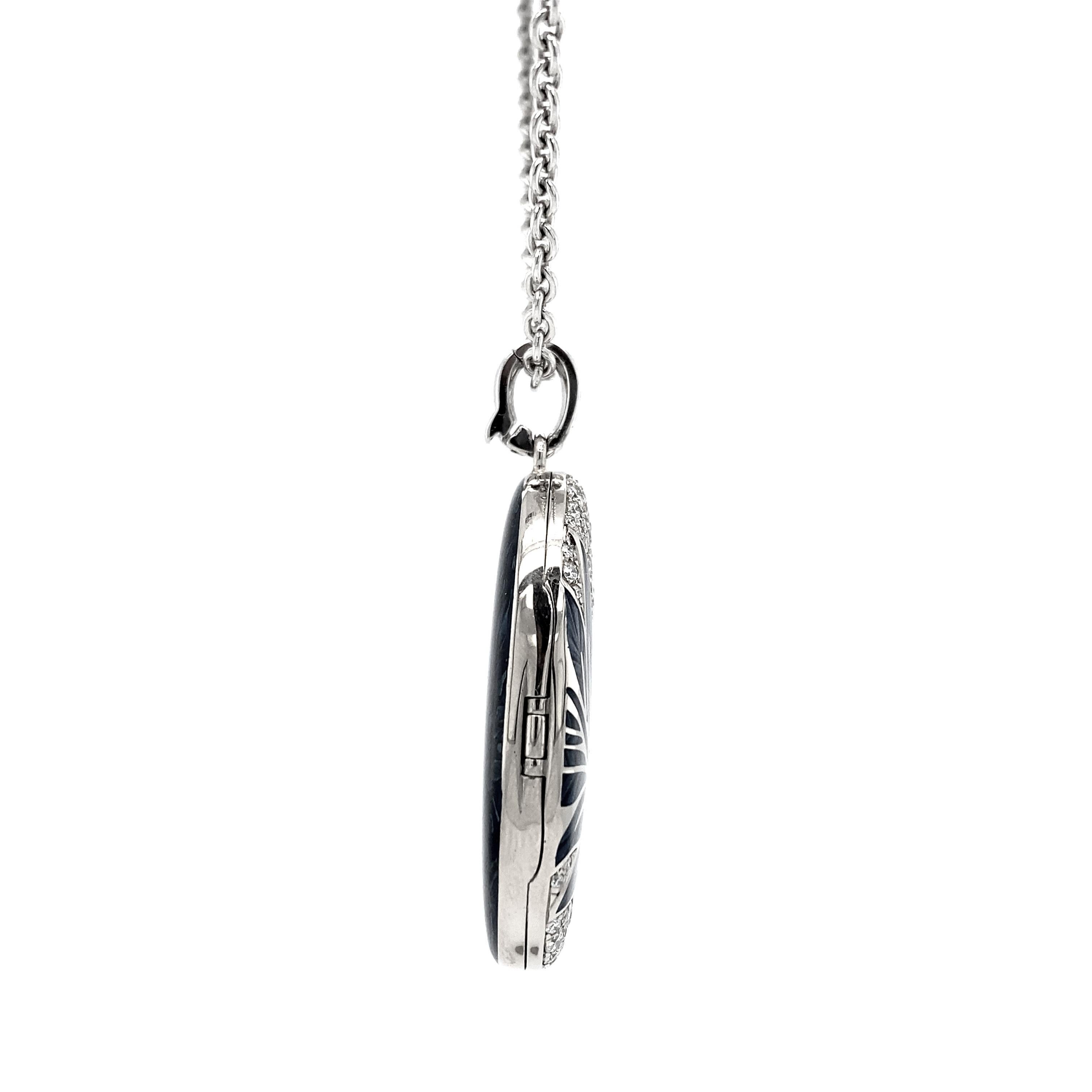 Floral Locket Pendant Necklace 18k White Gold Blue Enamel 104 Diamonds 1.24 ct For Sale 1