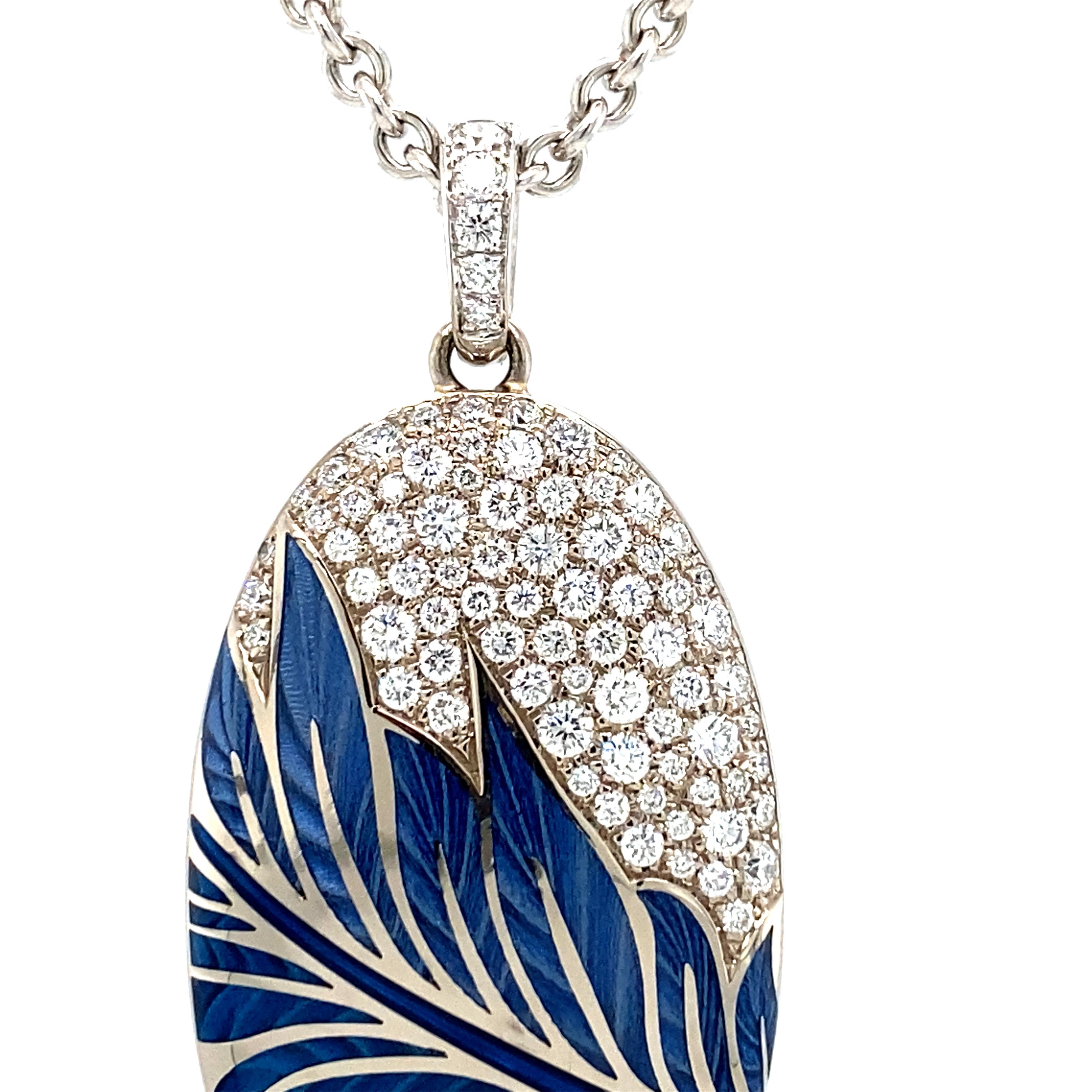 Floral Locket Pendant Necklace 18k White Gold Blue Enamel 104 Diamonds 1.24 ct For Sale 2